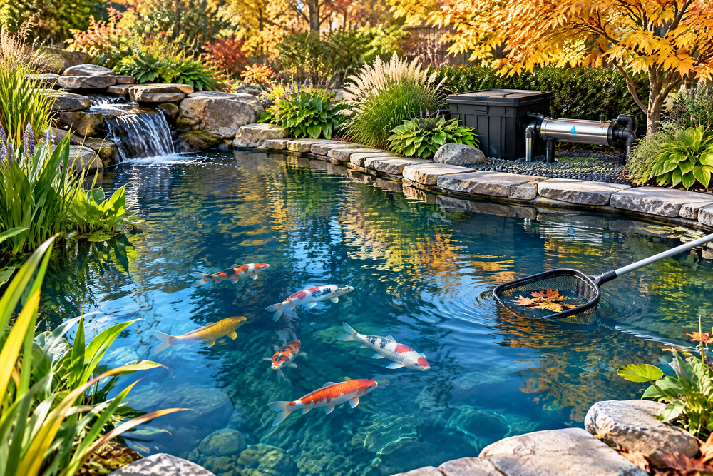 Clear koi pond in autumn with colorful fish, falling leaves, waterfall, and AquaUV UV water treatment system