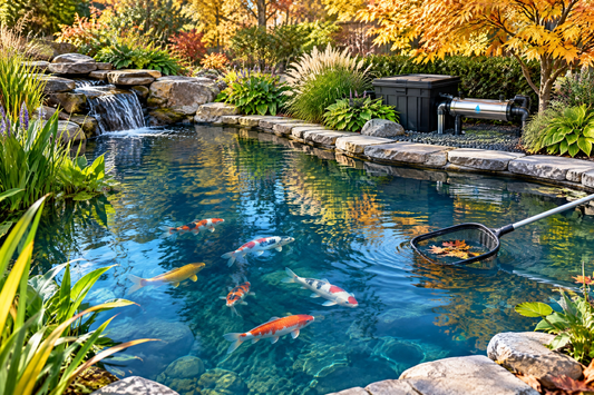 Clear koi pond in autumn with colorful fish, falling leaves, waterfall, and AquaUV UV water treatment system
