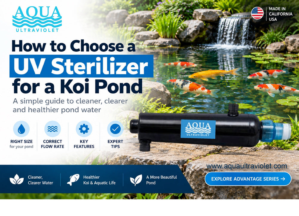 Aqua Ultraviolet UV sterilizer beside a clear koi pond, cover image for the guide on how to choose a UV sterilizer for a koi pond