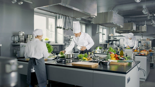 Chefs and cooks working in a commercial food kitchen prepping ingredients with a UV water treatment system