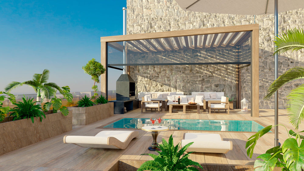 Modern rooftop pool with lounge chairs and shaded seating in stylish small pool design 