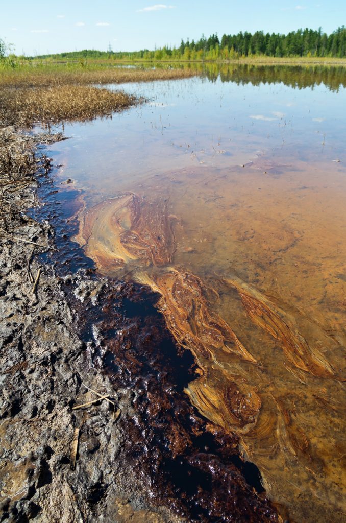 Chemicals from a spill coalescing on the banks of a lake