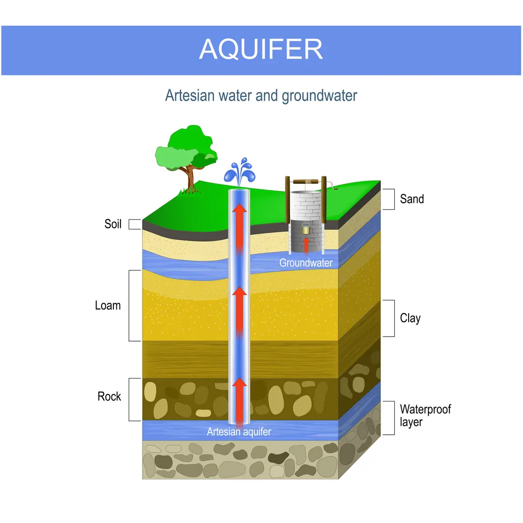 Artesian water and Groundwater. Aquifer and artesian well. cross section of soil with sand layer, gravel, loam, clay, and rock. vector illustration.