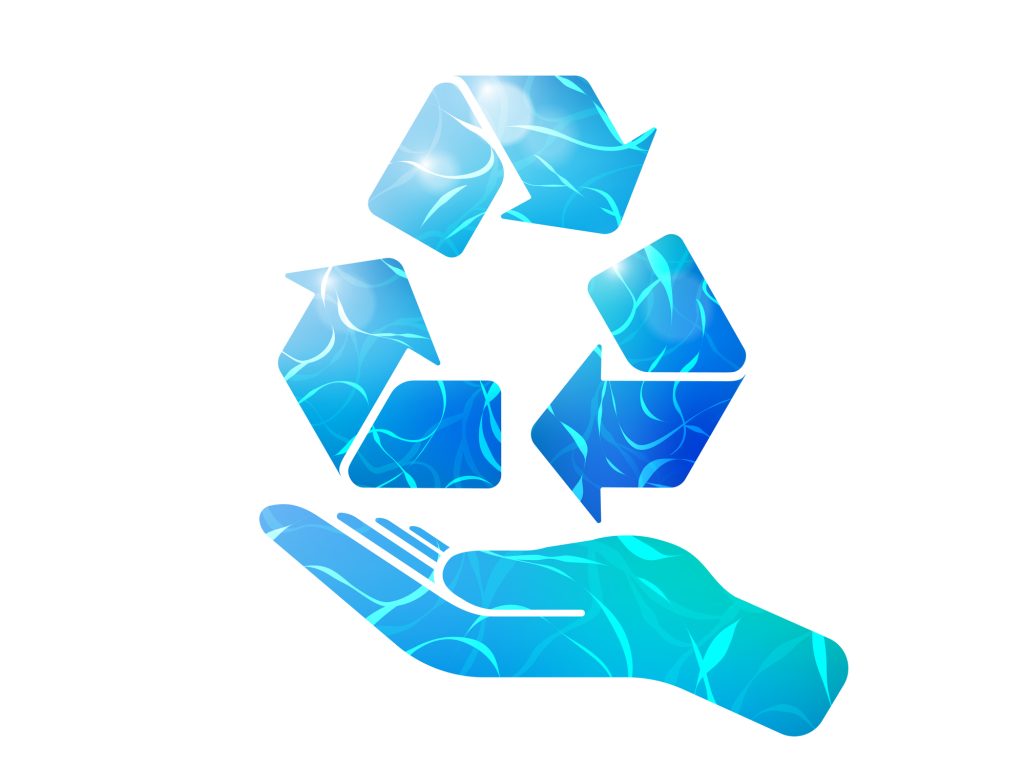 A hand holding a recycling symbol overlaid with a watery pattern